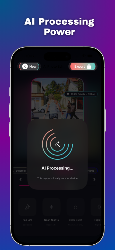 AI Photo Editor+++ - Smartphone screen showing AI photo editor processing images locally and privately on device.