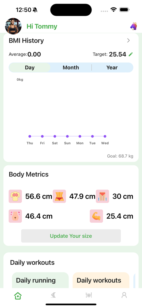 KidWorkout 360 Grow Faster - Interface do aplicativo KidWorkout 360 mostrando gráfico histórico de IMC e acompanhamento de medidas corporais