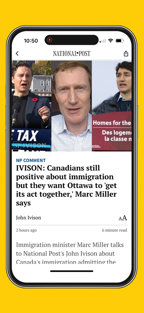 National Post - A mobile news article in the National Post app regarding Canadian immigration policy