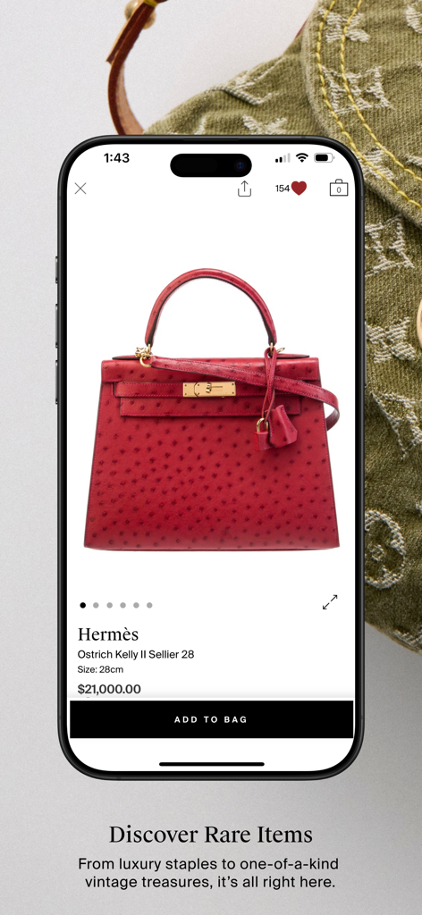 The RealReal - Buy+Sell Luxury - The RealReal app displaying an authenticated red Hermès Ostrich Kelly handbag for sale