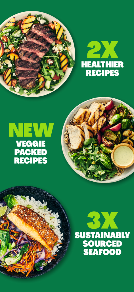 Three healthy HelloFresh meal kit dishes including steak salad, veggie chicken bowl, and sustainable salmon.