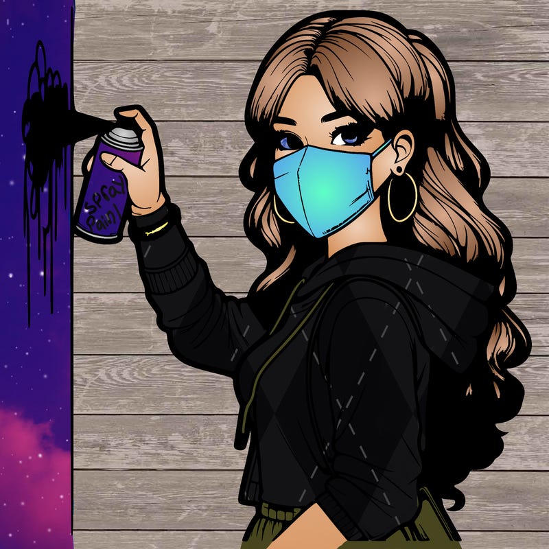 realistic girl with mask spray painting a wall