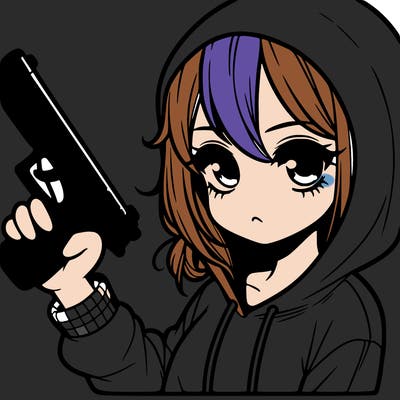 a hooded girl with a gun in her hand