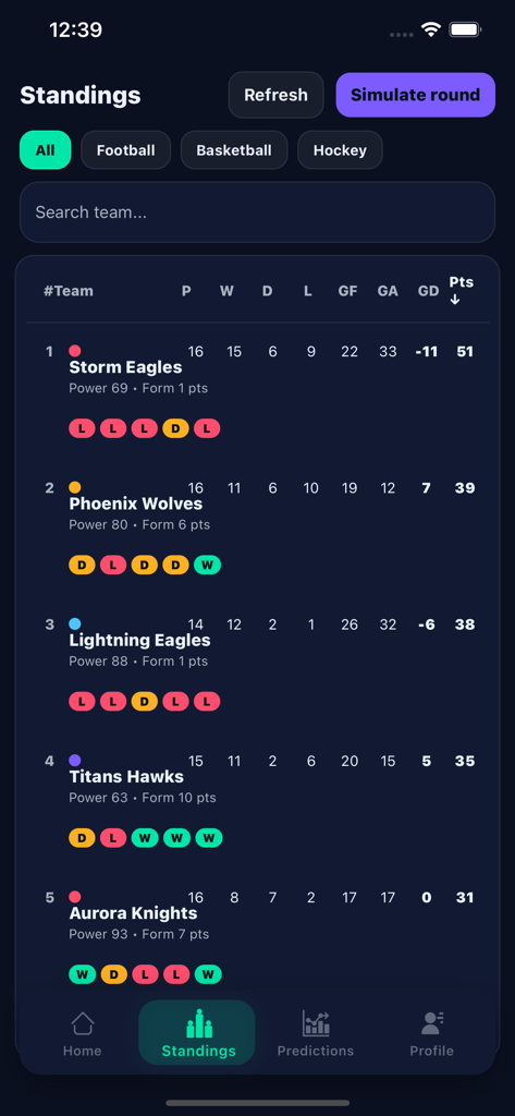 A sports simulation league table screen in the RainGames Hub app showing team rankings and form indicators.