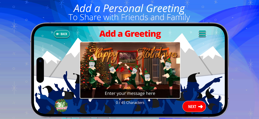 Interfaz de la aplicación ElfYourself para agregar un saludo navideño personalizado a un video de baile