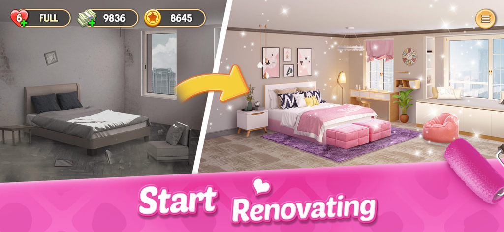 Before and after comparison of a bedroom makeover in My Home Design Dreams mobile game