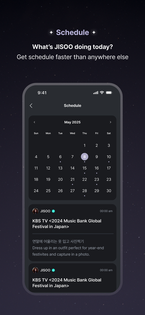 JISOO - JISOO app schedule screen with event calendar