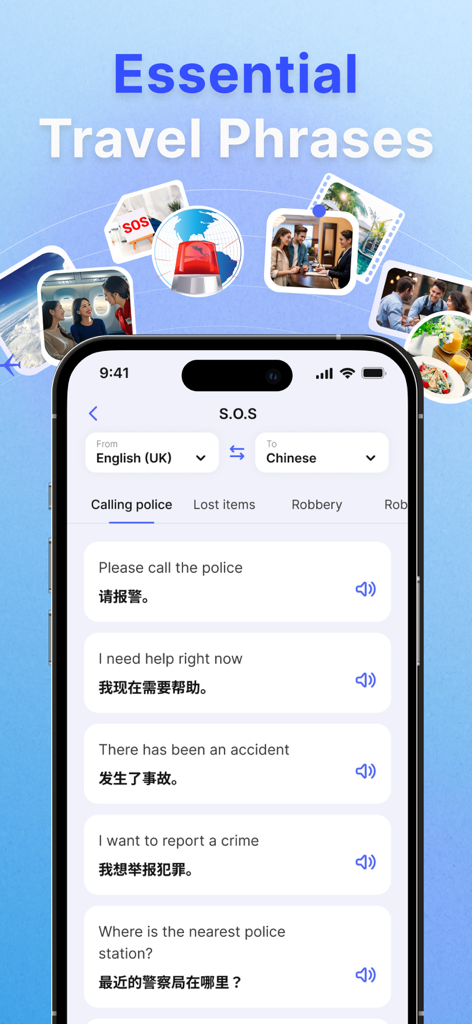 GoTranslator app showing emergency SOS phrases translated from English to Chinese for travelers