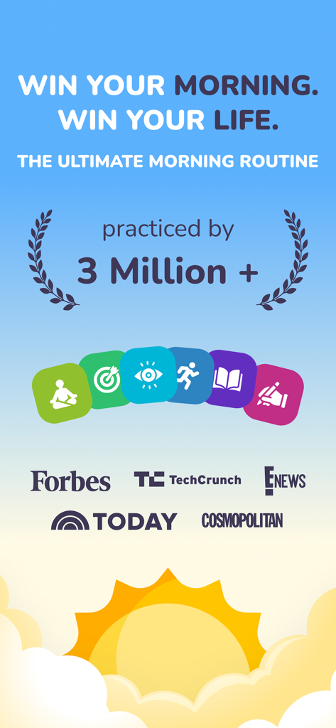 Miracle Morning Routine - SAVERSメソッドのアイコンとメディア掲載を特徴とするミラクルモーニング・ルーティンアプリのプロモーション画面