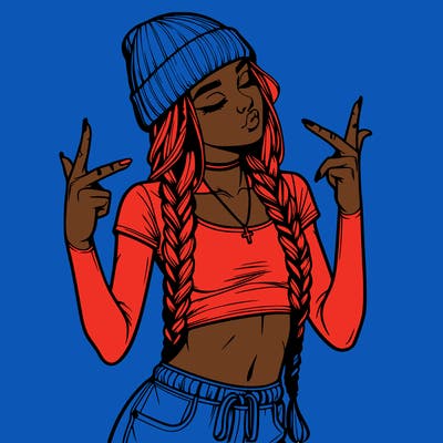 realistic teenage girl with braids and a beanie and crop top doing 🫶🏼