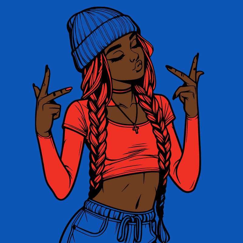 realistic teenage girl with braids and a beanie and crop top doing 🫶🏼