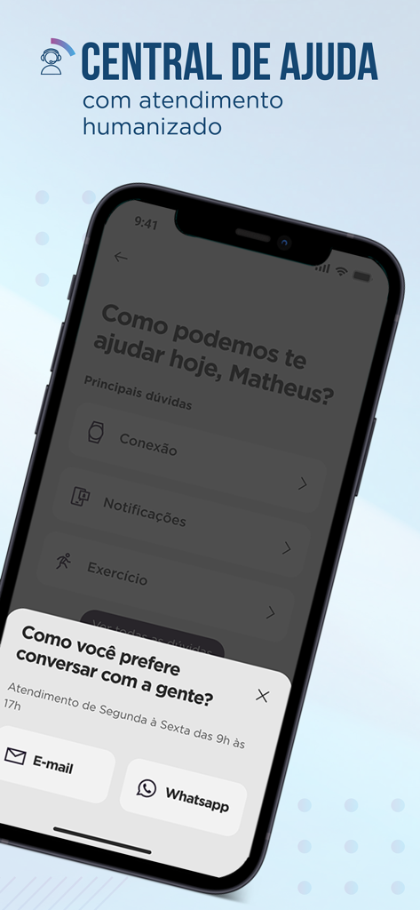 Condor Smart - Interfaz del centro de ayuda de la aplicación Condor Smart que muestra opciones de soporte por correo electrónico y WhatsApp.