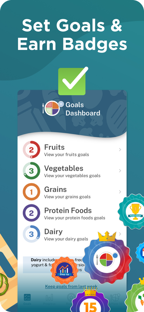 Start Simple with MyPlate app goals dashboard screen displaying food groups and earned badges