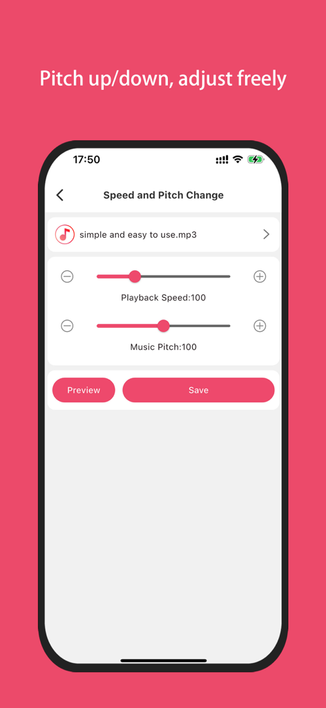 Music Edit Master - Interface de l'application mobile montrant des curseurs pour ajuster la vitesse de lecture et la hauteur musicale.