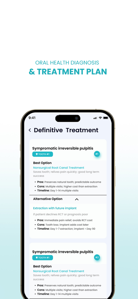 DentaSmart - Interface de l'application DentaSmart montrant un diagnostic de santé bucco-dentaire détaillé et un plan de traitement incluant les avantages, les inconvénients et les délais pour les options dentaires.