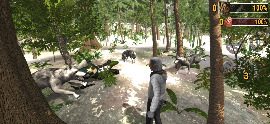 Ice Age Hunter: Evolution-U - A character in a snowy forest surrounded by wolves and a snowmobile in Ice Age Hunter Evolution U