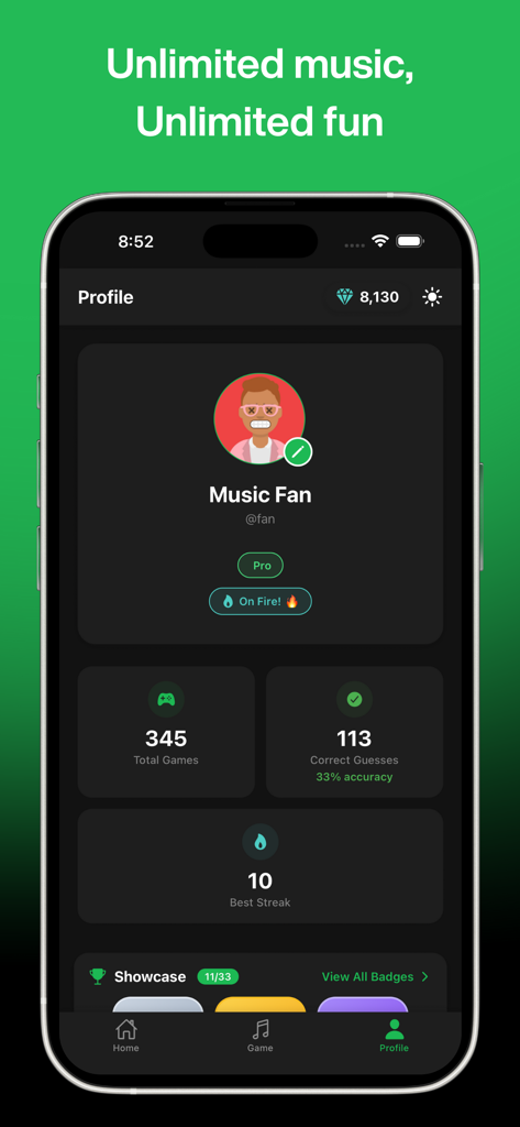 Guessong: Music Guessing Game - Pagina del profilo dell'app Guessong che visualizza statistiche e obiettivi del giocatore