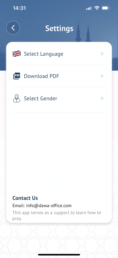 The settings menu of the NamazStart app featuring language selection and prayer customization options.