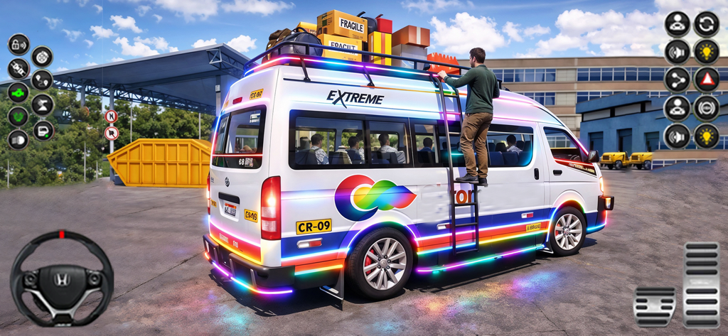 Una furgoneta blanca con coloridas luces de neón y equipaje en el techo en Dubai Van Simulator 3D