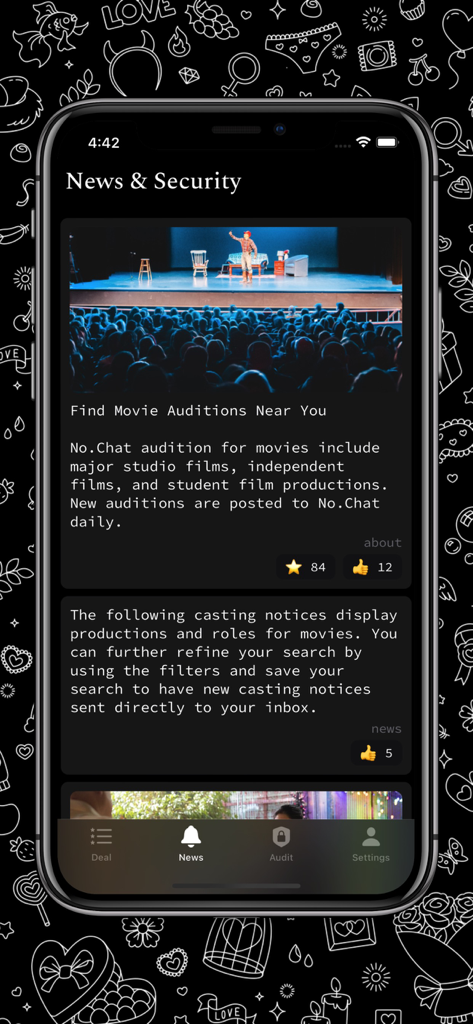 No.Chat - The News and Security screen of the No.Chat app displaying various movie audition opportunities and casting notices.