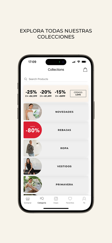 HIGHSTREET MX - Highstreet MX mobile app interface showing fashion categories and promotional discounts on the collections screen