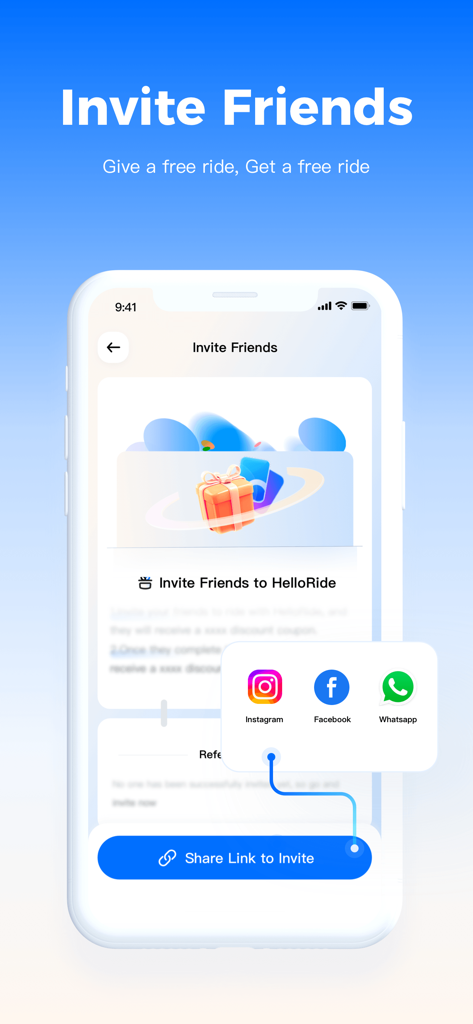 HelloRide-Enjoy your ride - 無料ライドを獲得するために友達を招待する機能を示すHelloRideアプリの紹介インターフェース