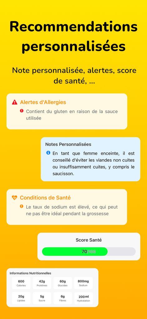 Zesty - Photo Calories - Alertas de salud personalizadas y puntuación nutricional en la interfaz de la aplicación Zesty.
