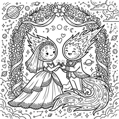 Join these adorable long-period comets as they celebrate their celestial wedding day! This charming coloring page is perfect for anyone who dreams of a love that spans the stars.