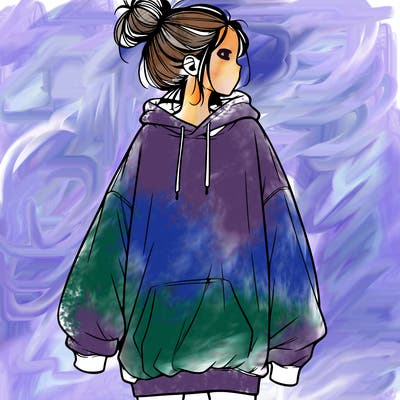 realistic girl with a oversized sweatshirt on and a bun
