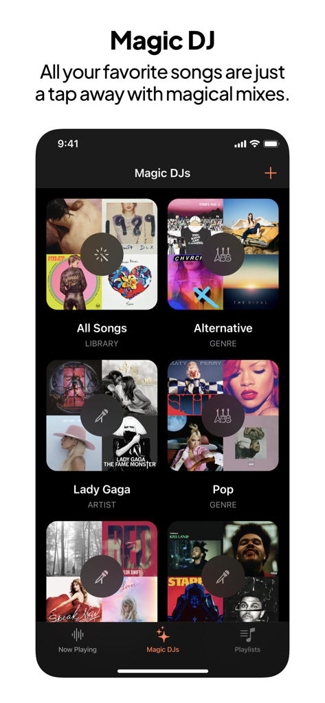 SongCapsule app Magic DJ screen showing personalized music mixes by artist and genre