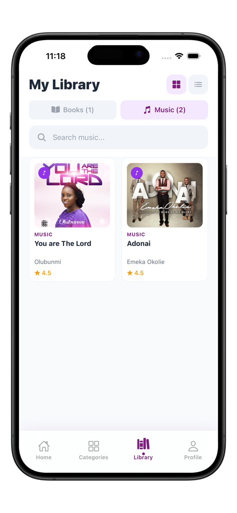 The library screen of the MFM eBooks app showing a collection of Christian music albums.