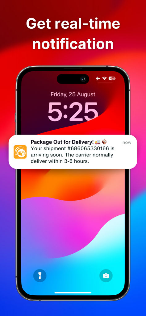 Tracking.my - Package Tracker - Tela de bloqueio do smartphone mostrando uma notificação de entrega de pacote em tempo real do aplicativo Tracking.my