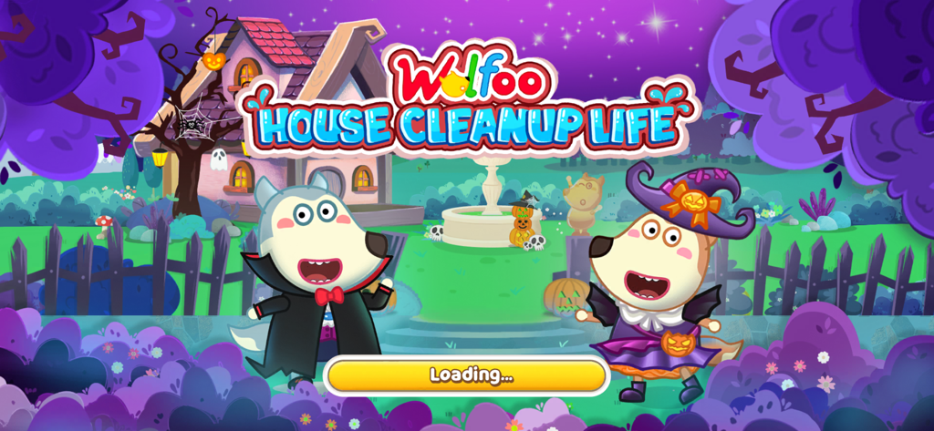 Wolfoo House Cleanup Life - Wolfoo y Lucy con disfraces de Halloween en la pantalla de carga de Wolfoo House Cleanup Life.