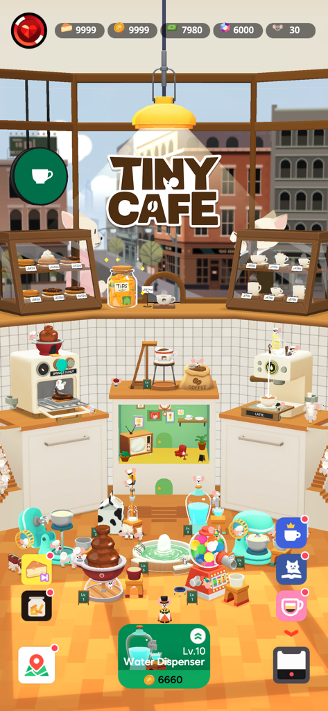 Tiny Cafe - Gameplay screen of Tiny Cafe showing cute mice baristas preparing coffee in a cozy cartoon cafe environment.