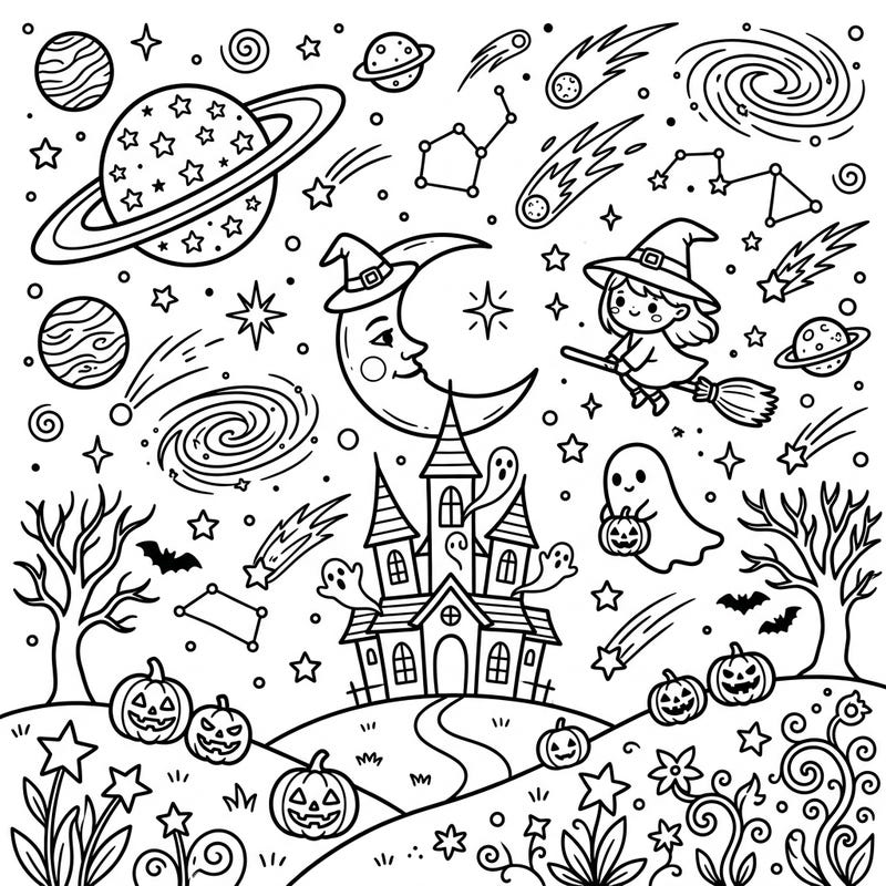 Prepare for an out-of-this-world Halloween celebration with this unique cosmic art coloring page. Featuring a delightful blend of spooky season fun and celestial wonders, it's perfect for all ages.