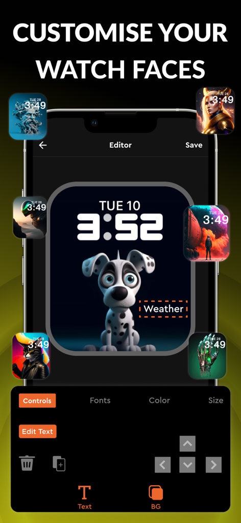 Watch Faces - Live Gallery - A smartphone showing an app editor for personalizing Apple Watch faces with custom designs and fonts