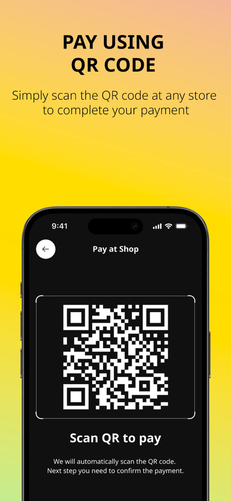 OMT Pay - OMT Pay mobile app interface showing a QR code scanner for making payments at a shop