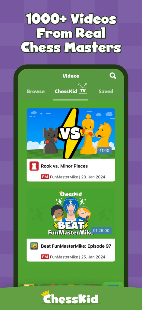 Chess for Kids: Learn to Play - Screenshot of ChessKid app showing a library of educational chess videos from real masters