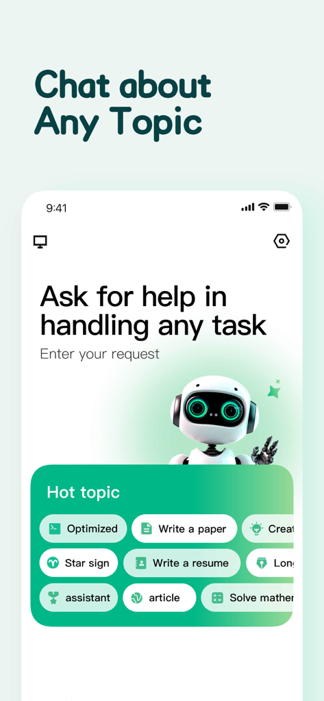 Interfaz de la aplicación Chatbox AI mostrando varias opciones de tareas como escribir trabajos y currículums con un amigable personaje robot