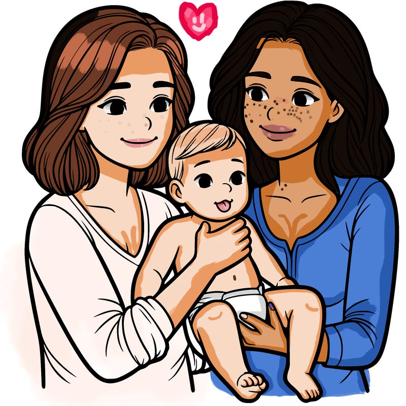 two realistic women holding one baby together