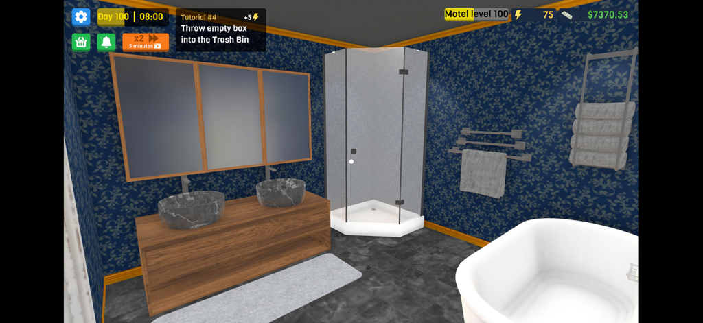 City Hotel Simulator - Luxuriöses Hotelbadezimmer mit blauer Damasttapete, Doppelwaschbecken aus Stein und einer Glasdusche in City Hotel Simulator