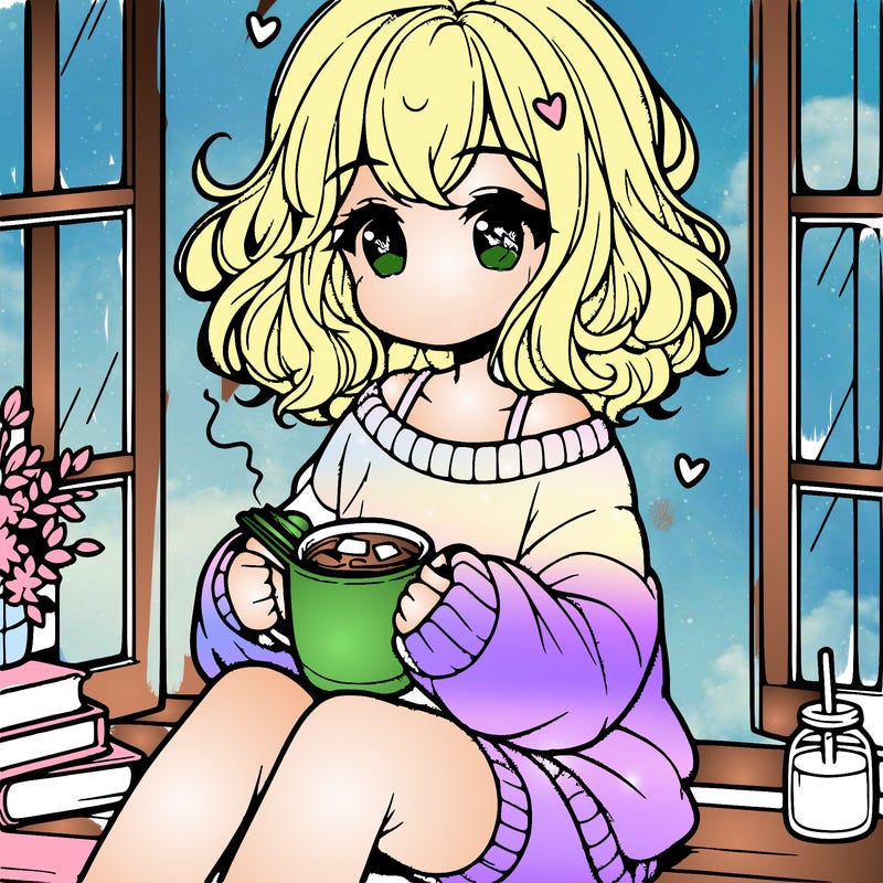 cute anime girl reading book and drinking hot chocolate from mug with loose wavy hair wearing a baggy sweatshirt and shorts sitting by windowsill looking out