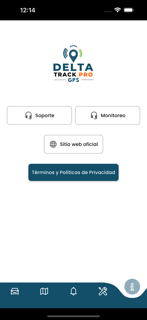 Main menu of Delta track pro GPS tracking app with support and monitoring buttons
