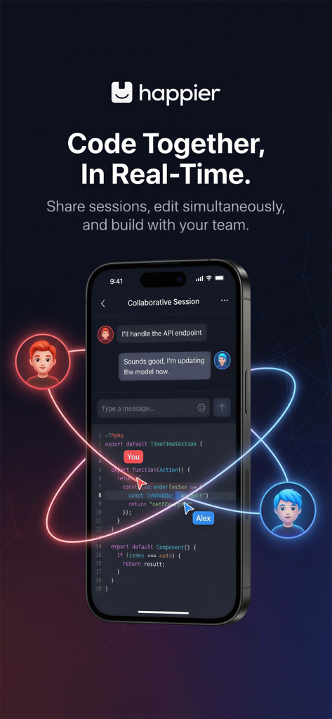 Happier: Claude Codex OpenCode - Smartphone screen showing a real-time collaborative coding session with team chat and simultaneous code editing in the Happier app