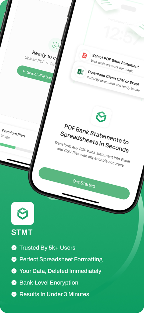 Stmtアプリのスマートフォン画面に、PDF銀行明細書をExcelおよびCSVファイルに変換するための機能が表示されています。