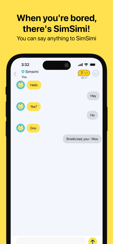 Interface do chatbot de IA SimSimi mostrando uma conversa humorística em um fundo amarelo brilhante