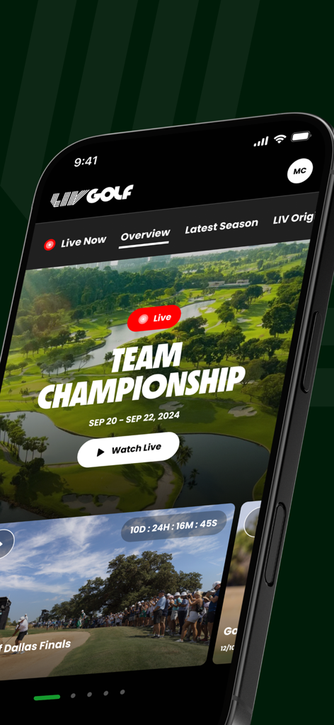 LIV Golf - Die Homepage der LIV Golf mobilen App zeigt das Team-Meisterschafts-Event mit einer Schaltfläche zum Live-Ansehen und einem Turnierplan an.