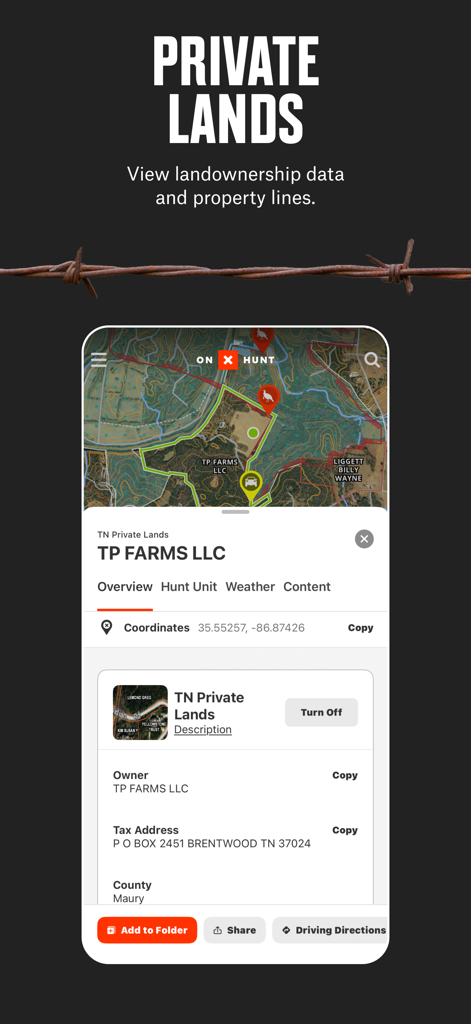 onX Hunt app displaying private land ownership data and property lines on a GPS map