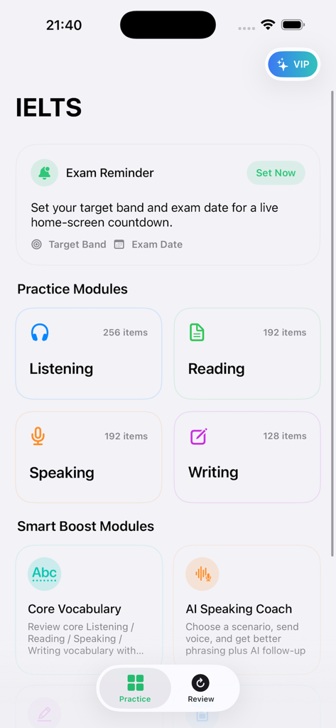 IELTS Practice | Test | Ace - Panel de control de la aplicación IELTS Practice que muestra módulos de estudio para escuchar, leer, hablar y escribir