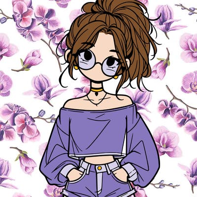 girl with a messy ponytail glasses a baggy crop top and jean shorts